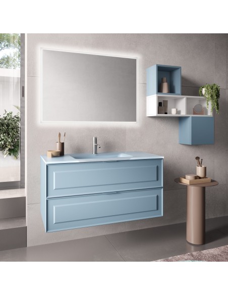Mobile bagno sospeso 2 cassetti frontale bugnato lavabo in vetro Azzurro cm 100
