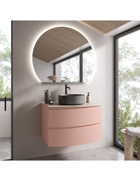 Mobile bagno sospeso 2 cassetti con lavabo d'appoggio cm 80 Rosa
