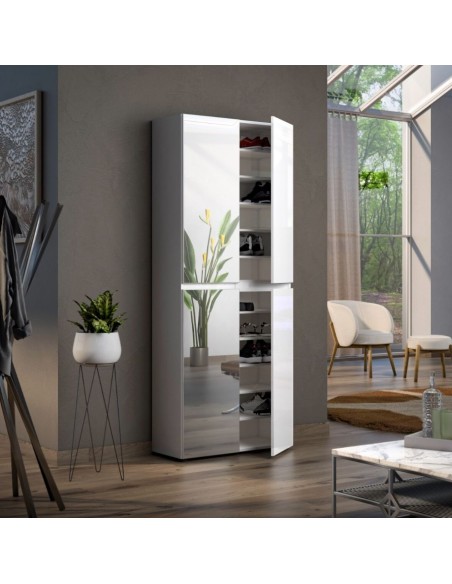 Armadio multiuso/scarpiera 2  ante a Specchio 11 ripiani Bianco laccato lucido