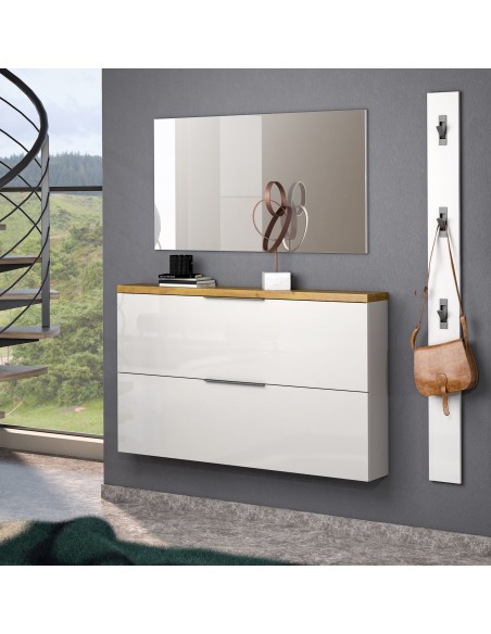Scarpiera mobile ingresso sospeso + specchio + appendiabiti Bianco laccato/Rovere castagno