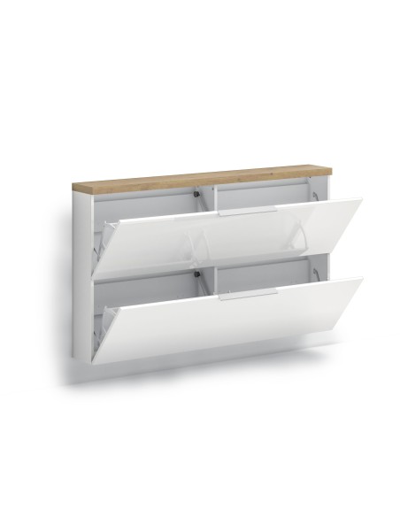 Scarpiera mobile ingresso sospeso + specchio + appendiabiti Bianco laccato/Rovere castagno