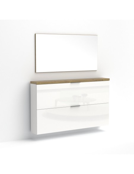 Scarpiera mobile ingresso sospeso + specchio + appendiabiti Bianco laccato/Rovere castagno