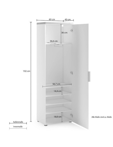 Armadio 1 anta ingresso - 5 ripiani - 1 tubo appendiabiti Antracite lucido/Rovere chiaro