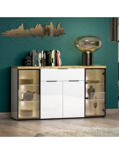 Madia 2 ante vetro - 2 ripiani in vetro - 2 ante - 1 cassetto Bianco lucido/Rovere artisan