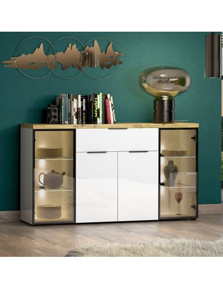 Madia 2 ante vetro - 2 ripiani in vetro - 2 ante - 1 cassetto Bianco lucido/Rovere artisan