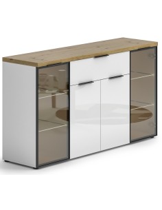 Madia 2 ante vetro - 2 ripiani in vetro - 2 ante - 1 cassetto Bianco lucido/Rovere artisan 2