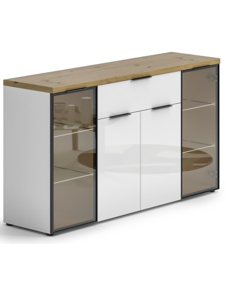 Madia 2 ante vetro - 2 ripiani in vetro - 2 ante - 1 cassetto Bianco lucido/Rovere artisan