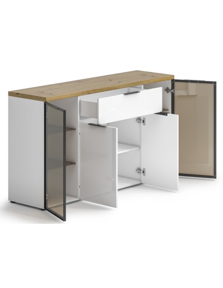 Madia 2 ante vetro - 2 ripiani in vetro - 2 ante - 1 cassetto Bianco lucido/Rovere artisan