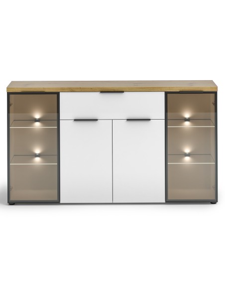 Madia 2 ante vetro - 2 ripiani in vetro - 2 ante - 1 cassetto Bianco lucido/Rovere artisan