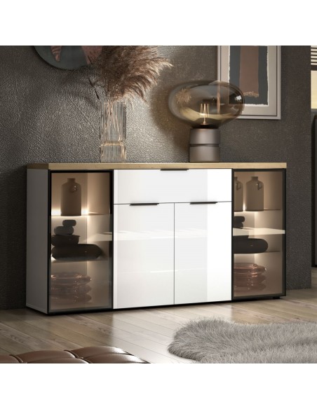 Madia 2 ante vetro - 2 ripiani in vetro - 2 ante - 1 cassetto Bianco lucido/Rovere artisan