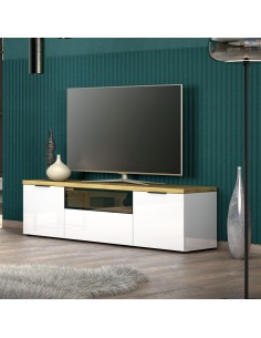 Porta TV 2 ante - 1 cassetto in vetro Bianco lucido/Rovere artisan