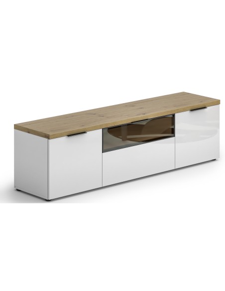 Porta TV 2 ante - 1 cassetto in vetro Bianco lucido/Rovere artisan