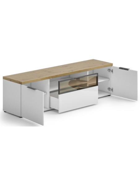 Porta TV 2 ante - 1 cassetto in vetro Bianco lucido/Rovere artisan