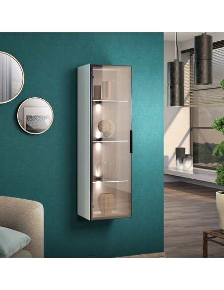 Pensile con anta vetro - 3 ripiani in vetro Bianco lucido + luci led