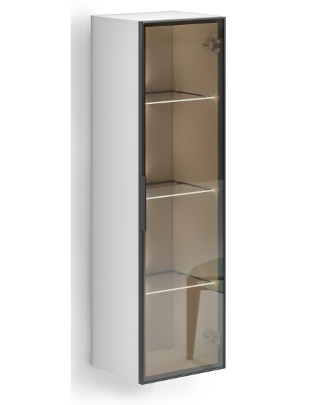 Pensile con anta vetro - 3 ripiani in vetro Bianco lucido + luci led