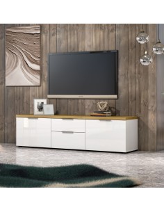 Porta TV 2 ante - 2 cassetti Bianco lucido/Rovere artisan