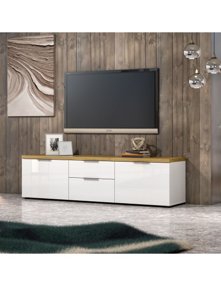 Porta TV 2 ante - 2 cassetti Bianco lucido/Rovere artisan