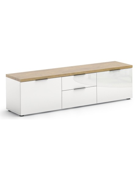 Porta TV 2 ante - 2 cassetti Bianco lucido/Rovere artisan