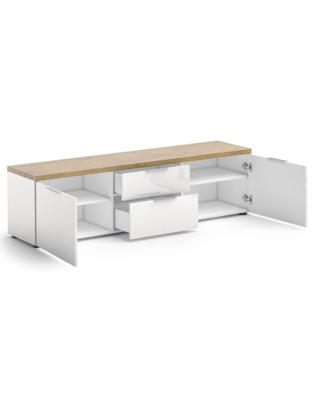 Porta TV 2 ante - 2 cassetti Bianco lucido/Rovere artisan