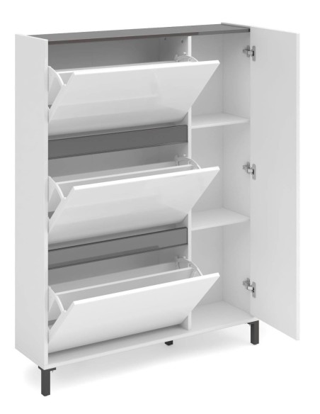 Scarpiera 3 ribalte - 1 anta - 2 ripiani su piedini Bianco lucido/Antracite