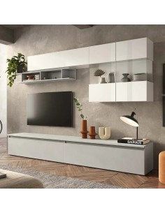 Parete soggiorno con vetrina sospesa Bianco laccato-Gesso 124