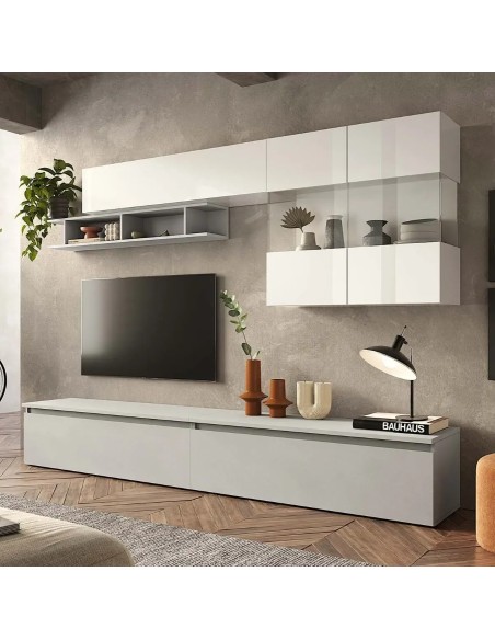 Parete soggiorno con vetrina sospesa Bianco laccato-Gesso 124