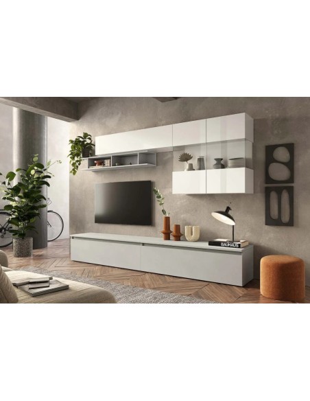 Parete soggiorno con vetrina sospesa Bianco laccato-Gesso 124