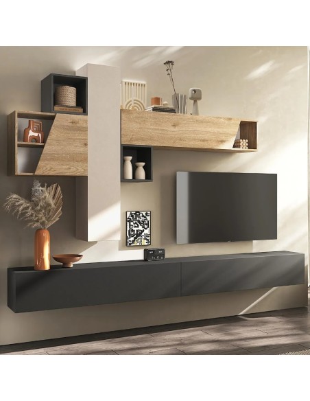 Parete soggiorno sospesa Rovere - Cashmere - Lava 141