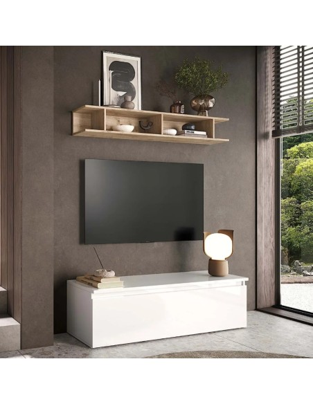 Parete soggiorno con porta TV + mensola Bianco laccato - Rovere kadiz 153