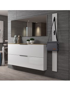 Scarpiera ingresso sospesa con specchio e appendiabiti Bianco lucido/Rovere artisan