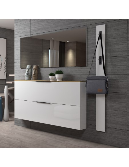 Scarpiera ingresso sospesa con specchio e appendiabiti Bianco lucido/Rovere artisan