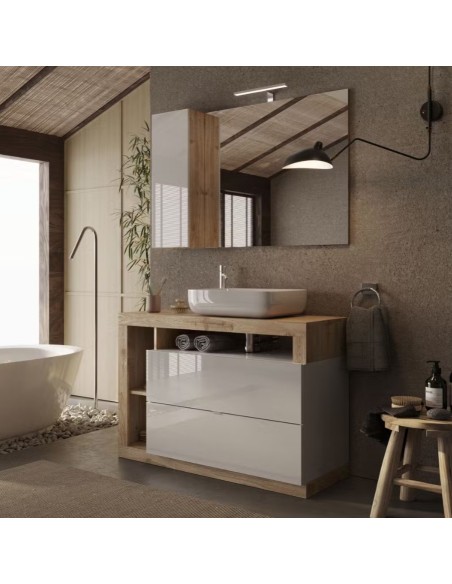 Mobile bagno 2 cassetti da terra con ciotola Bianco laccato/Rovere (Specchio escluso)