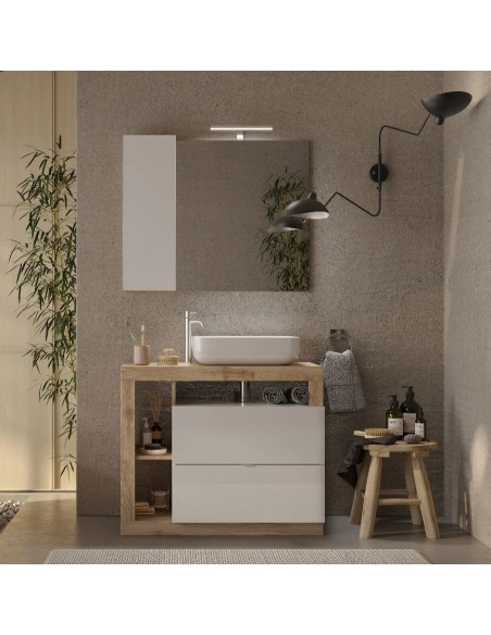 Mobile bagno 2 cassetti da terra con ciotola Bianco laccato/Rovere (Specchio escluso)