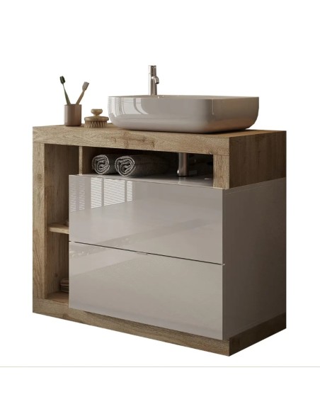 Mobile bagno 2 cassetti da terra con ciotola Bianco laccato/Rovere (Specchio escluso)