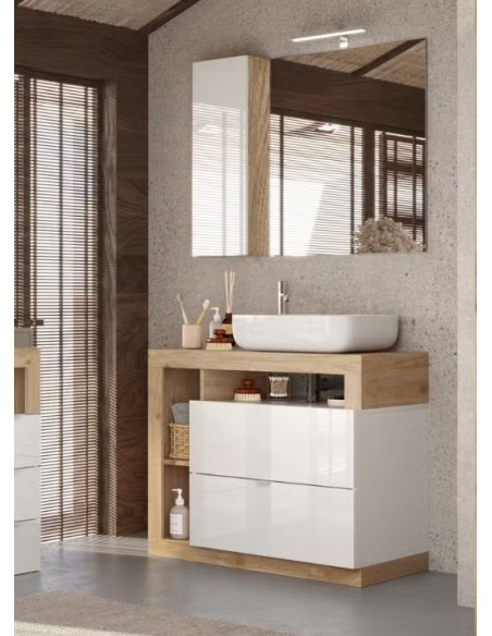 Mobile bagno 2 cassetti da terra con ciotola Bianco laccato/Rovere (Specchio escluso)
