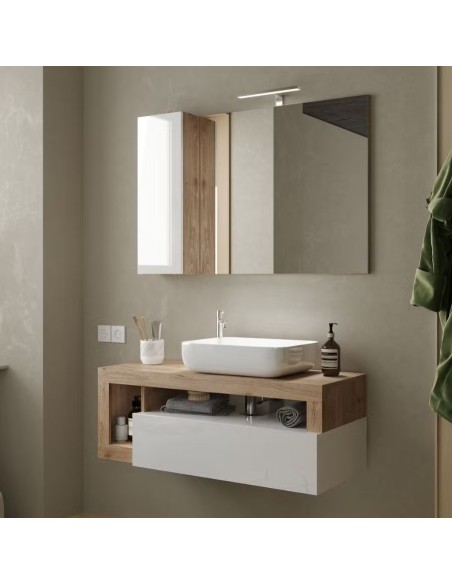 Mobile bagno sospeso 1 cassetto con ciotola Bianco laccato/Rovere (Specchio escluso)