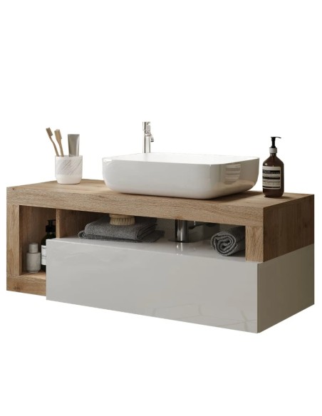 Mobile bagno sospeso 1 cassetto con ciotola Bianco laccato/Rovere (Specchio escluso)