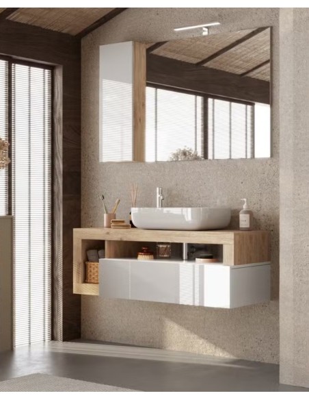 Mobile bagno sospeso 1 cassetto con ciotola Bianco laccato/Rovere (Specchio escluso)