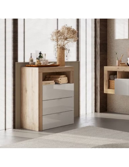 Cassettiera 3 cassetti - 1 vano da bagno Bianco laccato/Rovere cm 64 x 35 x 78 H