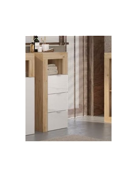 Cassettiera stretta 3 cassetti - 1 vano da bagno Bianco laccato/Rovere cm 35 x 35 x 78 H