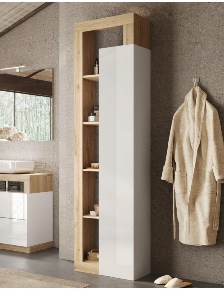 Colonna alta 1 anta con vani a giorno Bianco laccato lucido/Rovere cm 50 x 33 x 195 H