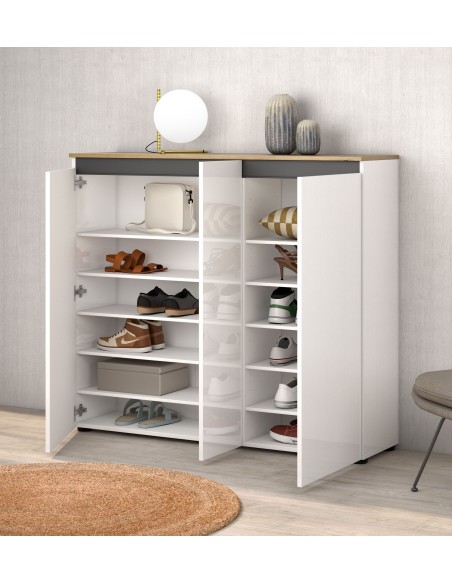 Scarpiera da terra 3 ante Bianco lucido/Rovere artisan/Antracite
