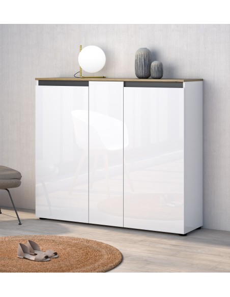 Scarpiera da terra 3 ante Bianco lucido/Rovere artisan/Antracite