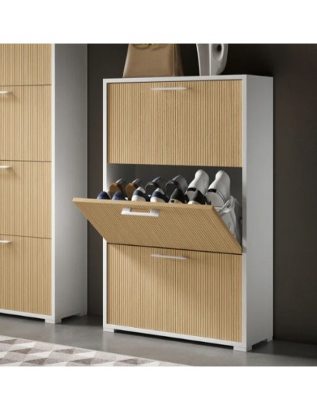 Scarpiera 3 ribalte Doppia profondità / Doppia capienza  Bianco venato/Cannettè chiaro