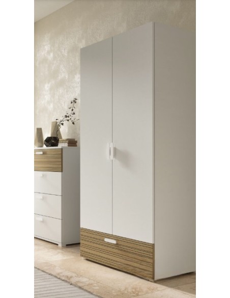 Armadio guardaroba 2 ante - 1 cassetto Bianco venato opaco/Rovere rigato