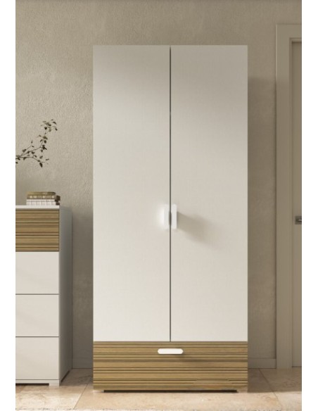 Armadio guardaroba 2 ante - 1 cassetto Bianco venato opaco/Rovere rigato