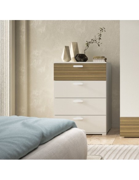 Cassettiera 4 cassetti Bianco venato opaco/Rovere rigato