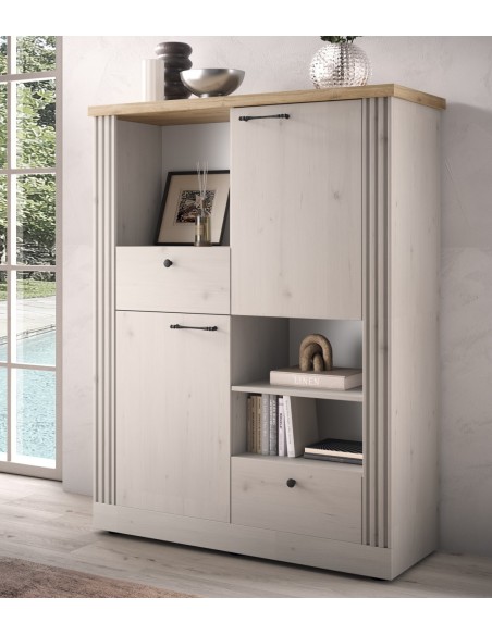 Madia alta 2 ante - 2 cassetti con vani a giorno Rovere meringa/Rovere kadiz