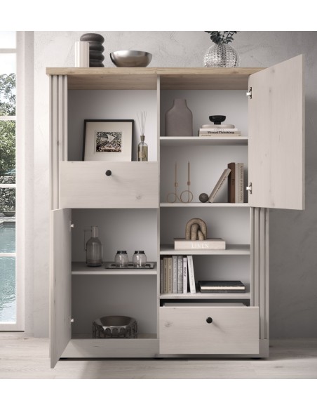 Madia alta 2 ante - 2 cassetti con vani a giorno Rovere meringa/Rovere kadiz