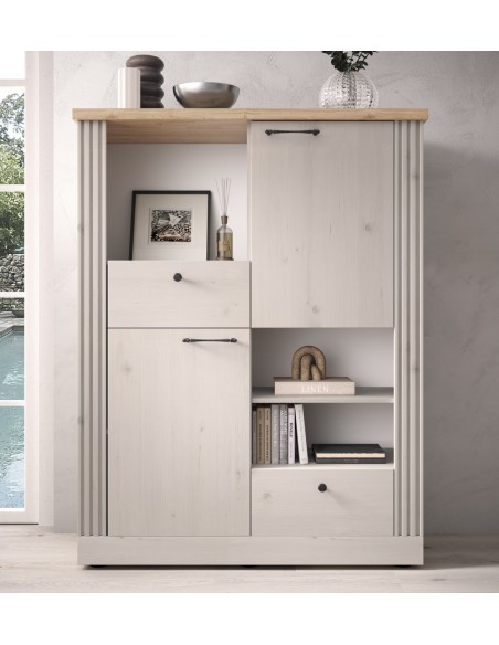 Madia alta 2 ante - 2 cassetti con vani a giorno Rovere meringa/Rovere kadiz